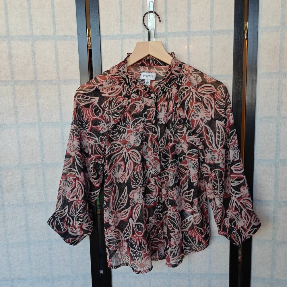 Evereve Kensie Floral Print Flowy Button Down Boho V-neck Sheer Ruffle Top